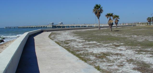 reinforced shoreline leading to the fort pier